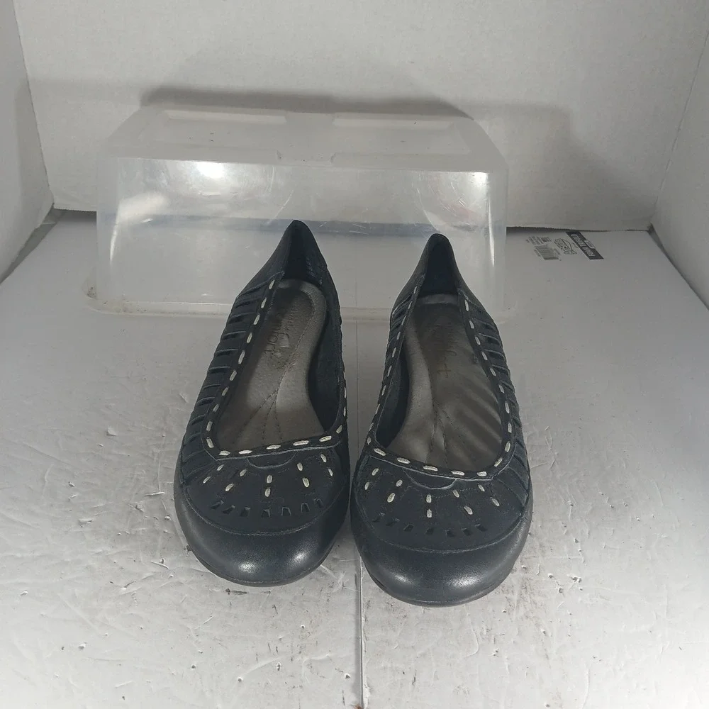 Strictly Comfort Wedge Pumps 6M Black Leather Laser Cut Out Low Heel Shoes